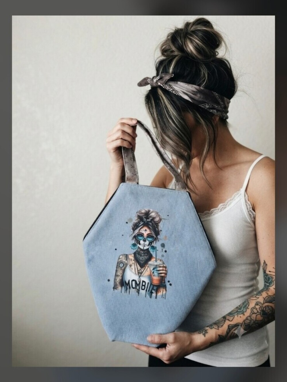 blue corduroy coffin Tote Bag, mom with coffee graphic, flower handle tote bag